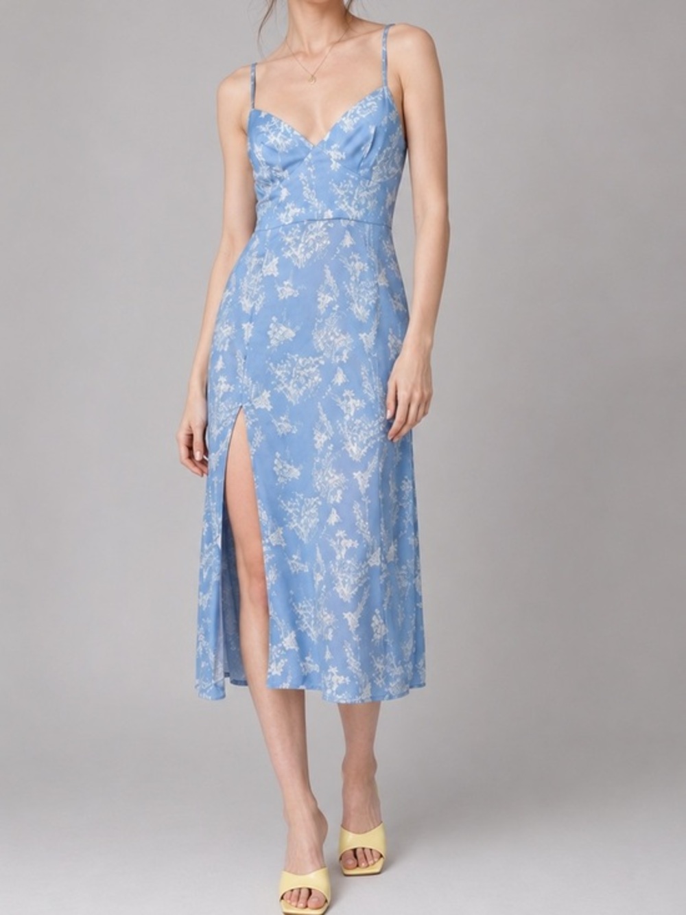 La Femme Apero Floral Satin Slip Midi Dress Floral Powder Blue XS US 2